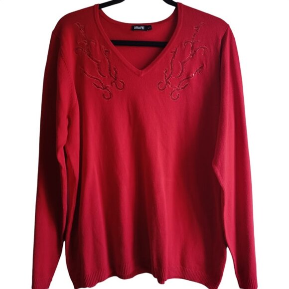 L❤️ Vibrant Red V-neck Sequin Sweater - Picture 1 of 8